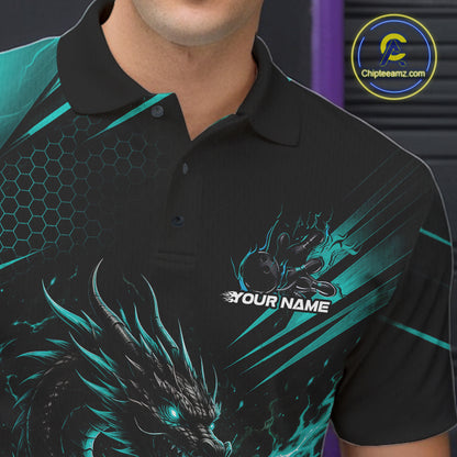 Custom Turquoise Blue Flame Dragon Bowling Jersey, Dragon Bowling Men Polo Shirt IPHW11834
