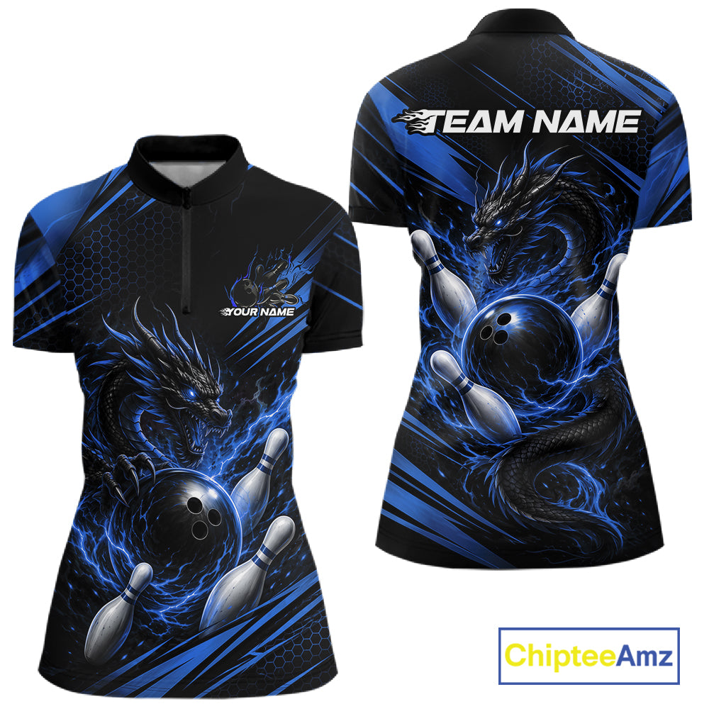Custom bowling-themed short-sleeve polo shirt shown from the front and back, featuring a black base with blue and white dragon artwork, bowling balls, pins, and dynamic streaks. The front has a small 'YOUR NAME' placeholder and the back has 'TEAM NAME' placeholder text, with a ChipteeAmz logo in the bottom right corner.