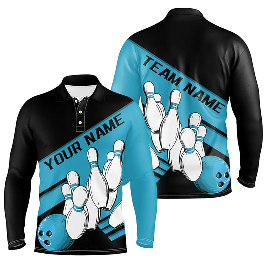 Black And Blue Custom Bowling Shirts For Men, Bowling League Shirt Bowling Team Uniform IPHW7921