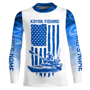Personalized American Flag Kayak Fishing Long Sleeve Shirts Patriotic, Blue Camo Kayak Fishing Shirt IPHW6054