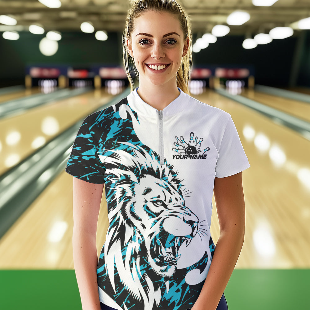 Custom Blue Camo Lion Bowling Team Quarter-Zip Shirts For Women, Lion Bowling League Shirt IPHW8856