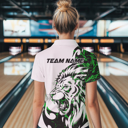 Custom Green Camo Lion Bowling Team Polo Shirts For Women, Lion Bowling League Shirt IPHW8857
