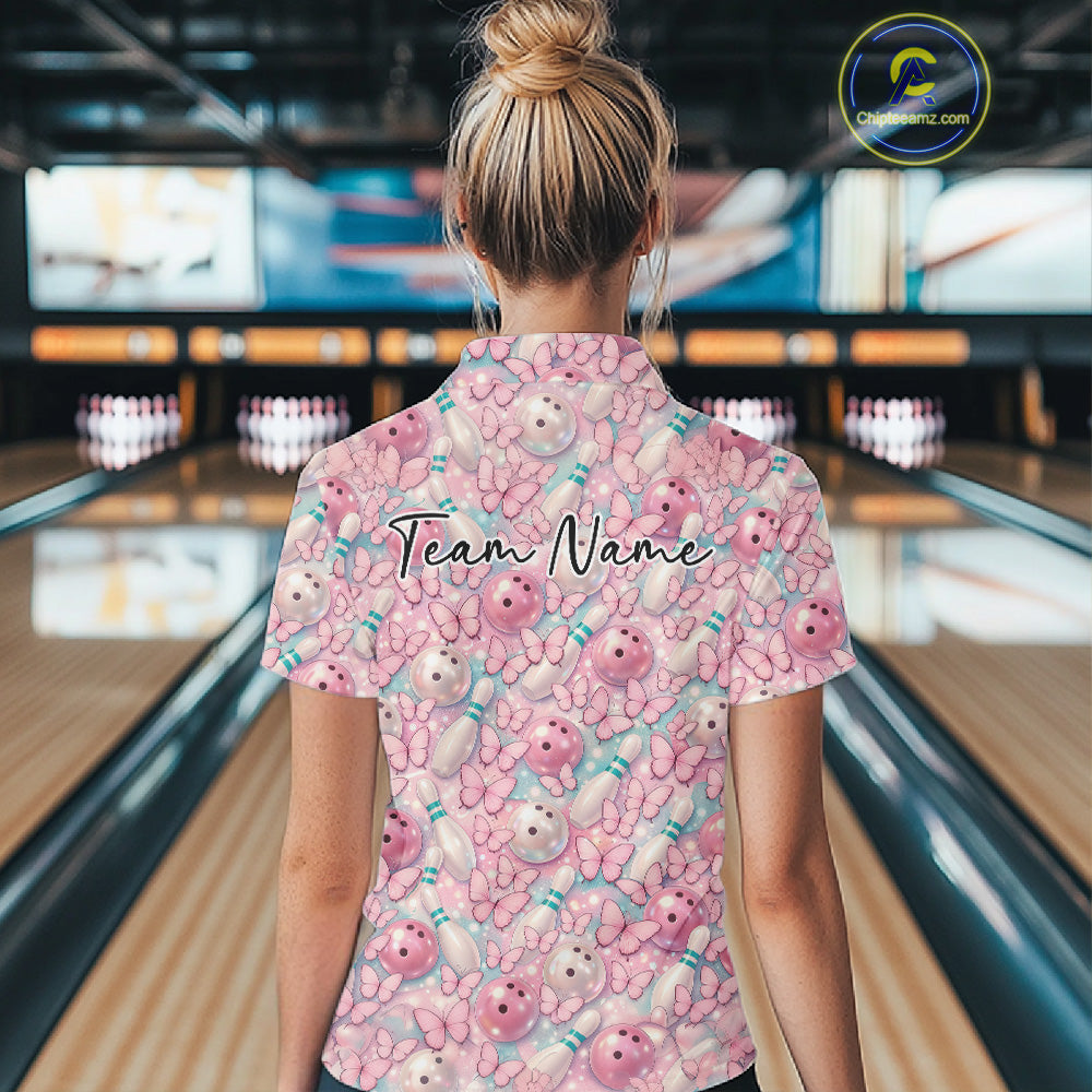 Custom Pastel Blue And Pink Butterfly Bowling Women Polo Shirt, Ladies Outfit IPHW10930
