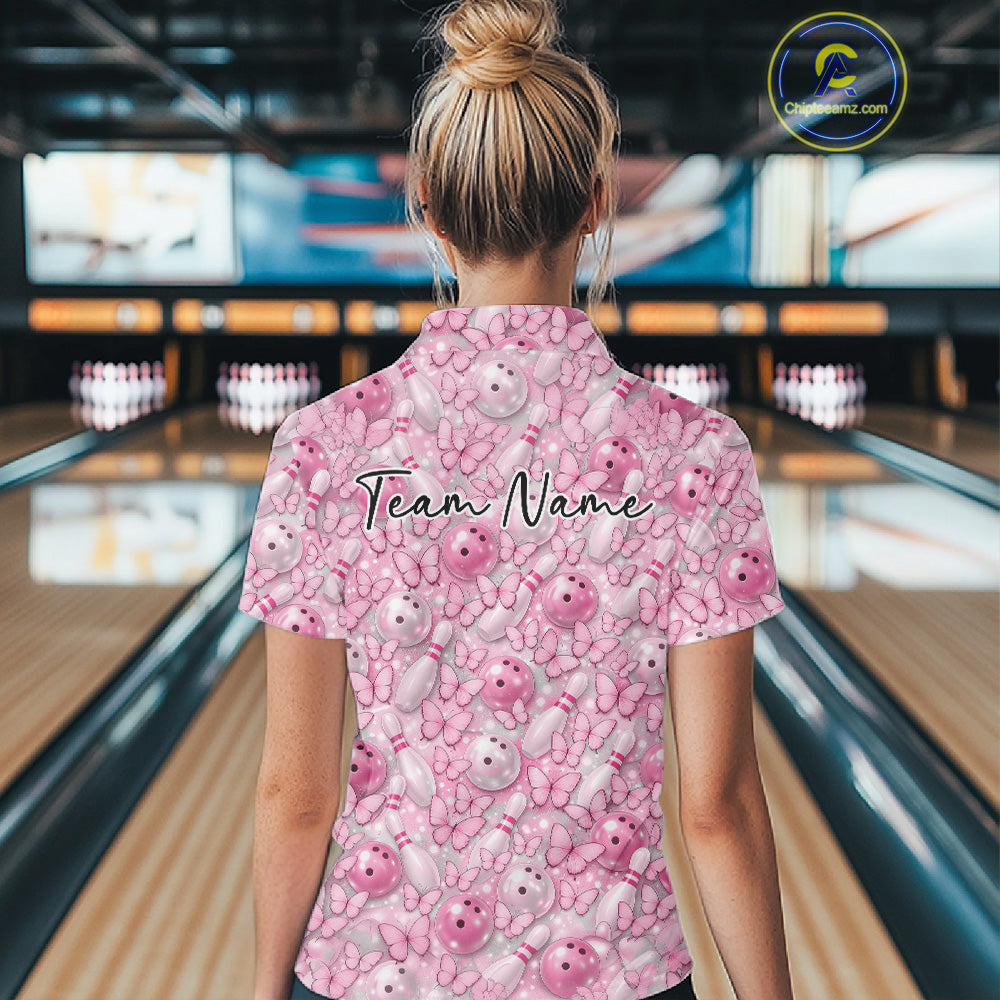 Custom Pink Butterfly Bowling Women Quarter-Zip Shirt, Ladies Bowlers Outfit IPHW10931