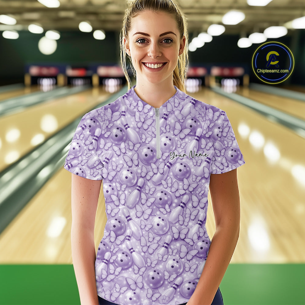 Custom Blue Butterfly Bowling Women Quarter-Zip Shirt, Ladies Bowlers Outfit IPHW10932