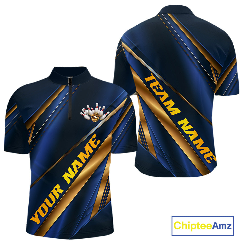 Custom Blue And Gold Stripes Men Bowling Quarter Zip Shirt, Golden Bowling Team Jerseys IPHW11610
