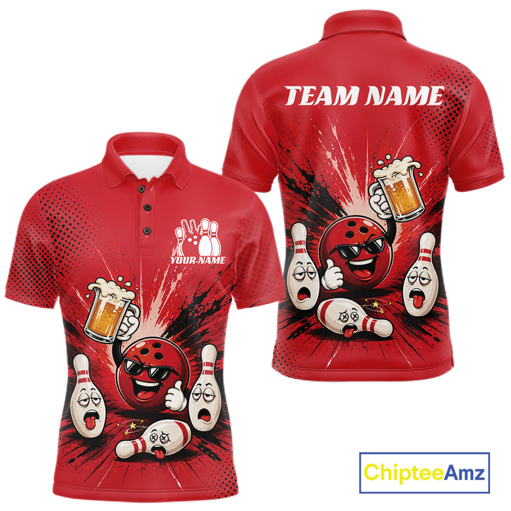 Red custom bowling-themed polo shirt shown from both front and back, featuring cartoon bowling balls and pins, beer mugs, and placeholder text 'TEAM NAME' and 'YOUR NAME'. ChipteeAmz logo in the bottom right corner.