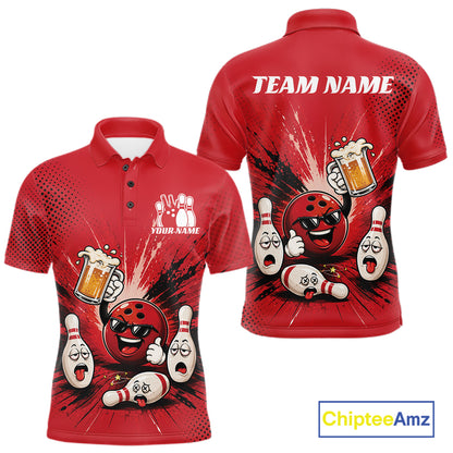 Red custom bowling-themed polo shirt shown from both front and back, featuring cartoon bowling balls and pins, beer mugs, and placeholder text 'TEAM NAME' and 'YOUR NAME'. ChipteeAmz logo in the bottom right corner.