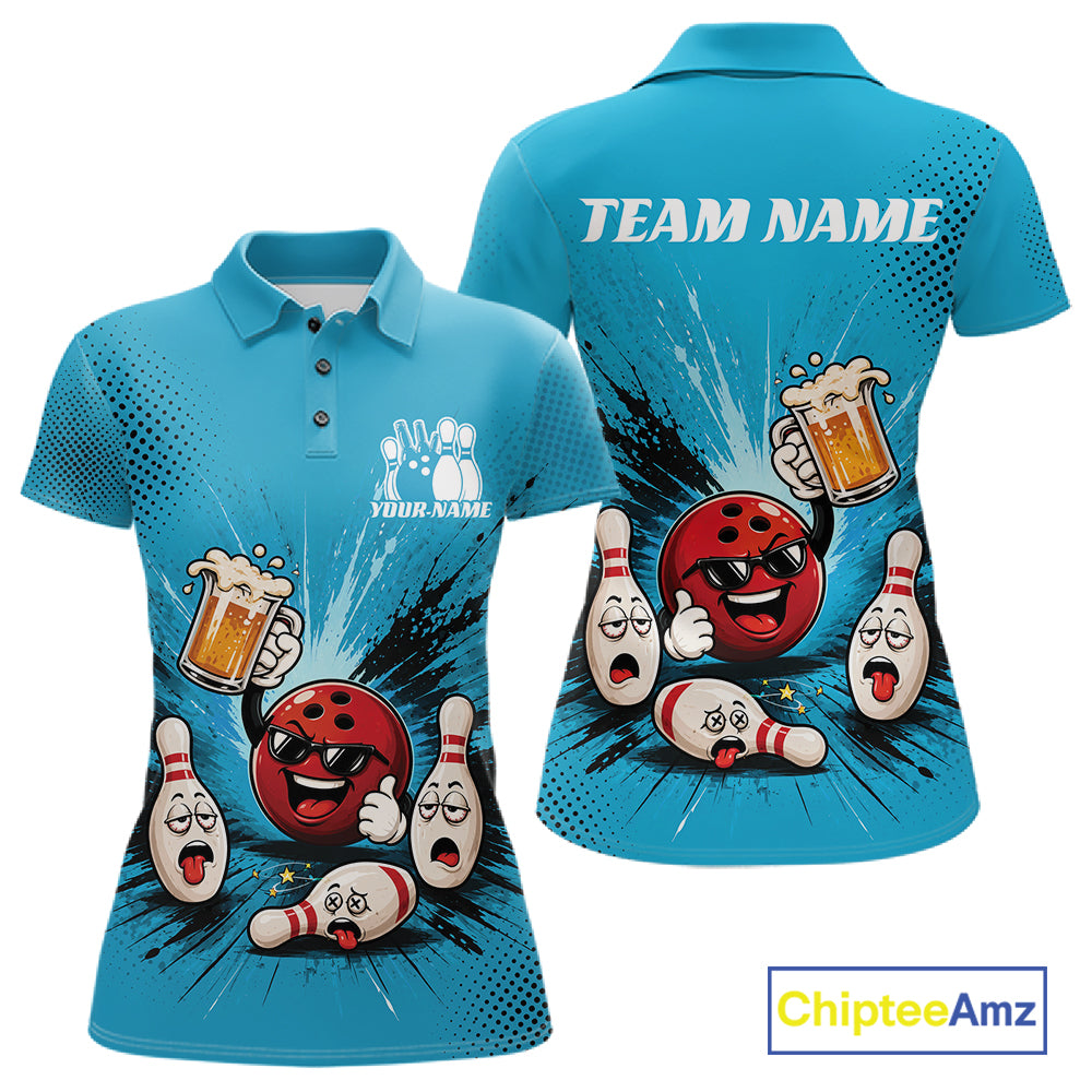 A blue short-sleeve polo shirt shown from the front and back, featuring a cartoon bowling graphic with red bowling balls, white bowling pins, beer mugs, and text placeholders 'TEAM NAME' and 'YOUR NAME'.