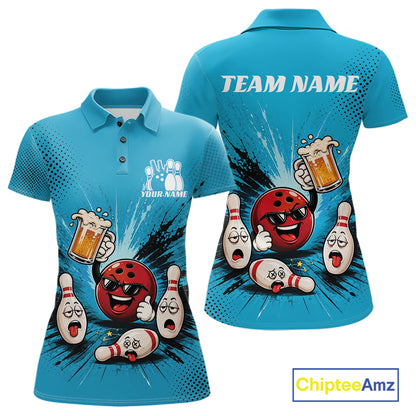 A blue short-sleeve polo shirt shown from the front and back, featuring a cartoon bowling graphic with red bowling balls, white bowling pins, beer mugs, and text placeholders 'TEAM NAME' and 'YOUR NAME'.