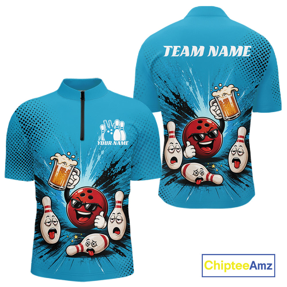 A blue short-sleeve quarter-zip polo shirt shown from both front and back, featuring a bowling-themed cartoon graphic with a red bowling ball, white bowling pins, falling pins, beer mugs, and customizable text areas reading TEAM NAME and YOUR NAME. A ChipteeAmz logo appears in the bottom right corner.