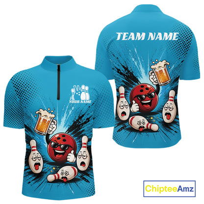 A blue short-sleeve quarter-zip polo shirt shown from both front and back, featuring a bowling-themed cartoon graphic with a red bowling ball, white bowling pins, falling pins, beer mugs, and customizable text areas reading TEAM NAME and YOUR NAME. A ChipteeAmz logo appears in the bottom right corner.