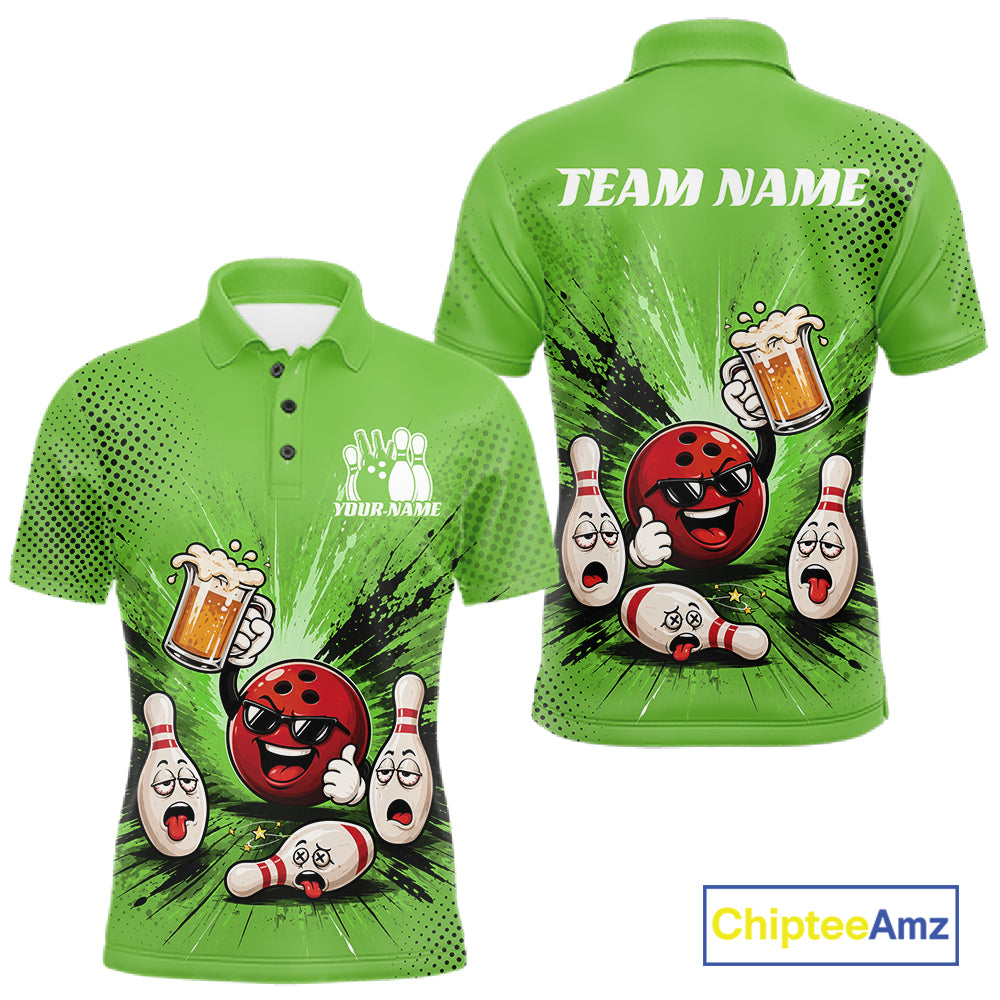 Custom green short-sleeve polo shirt shown from the front and back, featuring a bowling-themed cartoon graphic with a red bowling ball, white bowling pins, beer mugs, and placeholder text reading TEAM NAME and YOUR NAME. A ChipteeAmz logo appears in the bottom right corner.