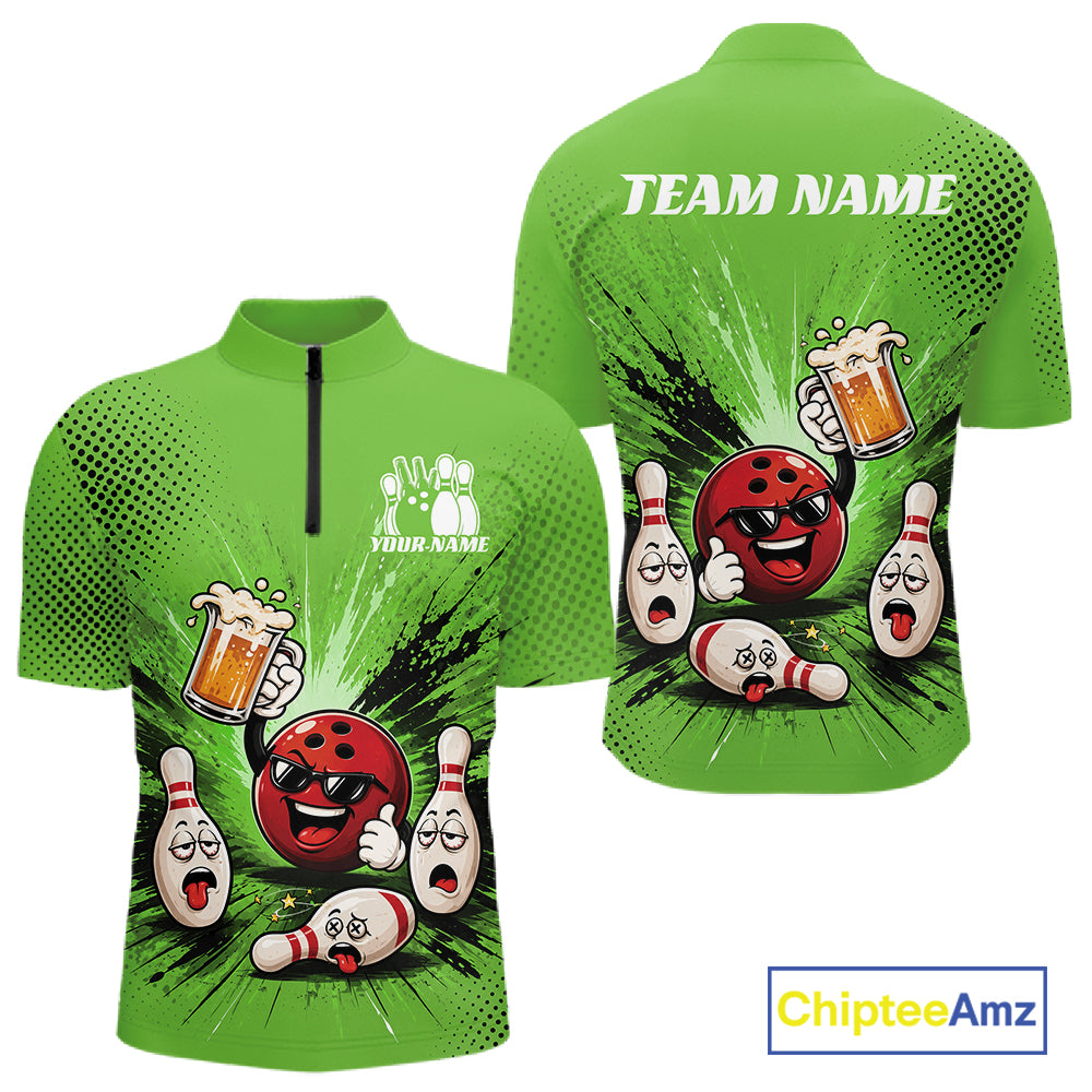 Green short-sleeve quarter-zip cycling jersey shown from both front and back, featuring bowling-themed cartoon graphics with a red bowling ball, white bowling pins, beer mugs, and customizable text areas reading TEAM NAME and YOUR NAME. A ChipteeAmz logo appears in the bottom right corner.