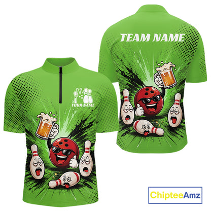 Green short-sleeve quarter-zip cycling jersey shown from both front and back, featuring bowling-themed cartoon graphics with a red bowling ball, white bowling pins, beer mugs, and customizable text areas reading TEAM NAME and YOUR NAME. A ChipteeAmz logo appears in the bottom right corner.