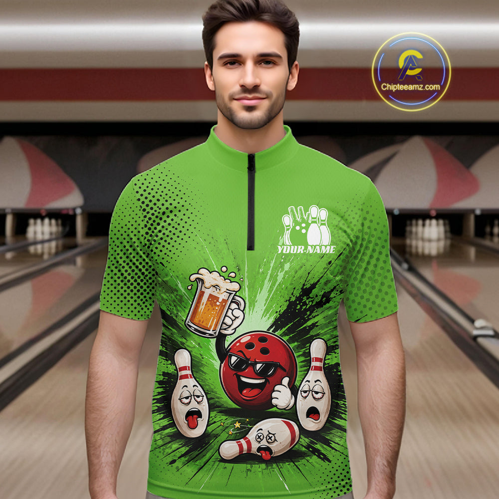 Custom Funny Beer Pitcher Bowling Men Quarter Zip Shirt, Green Bowling Party Shirt IPHW11855