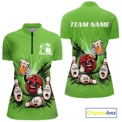 A bright green short-sleeve polo shirt shown from the front and back, featuring a bowling-themed cartoon print with a red bowling ball, white bowling pins, beer mugs, and customizable text areas reading 'YOUR NAME' on the front and 'TEAM NAME' on the back. A ChipteeAmz logo appears in the bottom right corner.