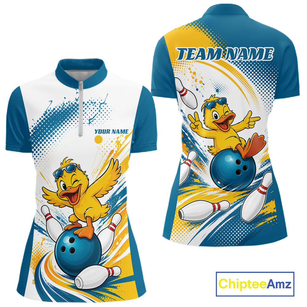 Front and back views of a short-sleeve bowling-themed polo shirt on a white background. The shirt features a blue collar and sleeves, a white body, and a colorful graphic of a cartoon yellow duck bowling with a blue ball and white pins.