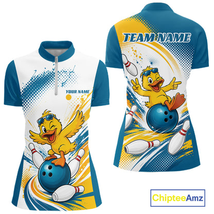Front and back views of a short-sleeve bowling-themed polo shirt on a white background. The shirt features a blue collar and sleeves, a white body, and a colorful graphic of a cartoon yellow duck bowling with a blue ball and white pins.