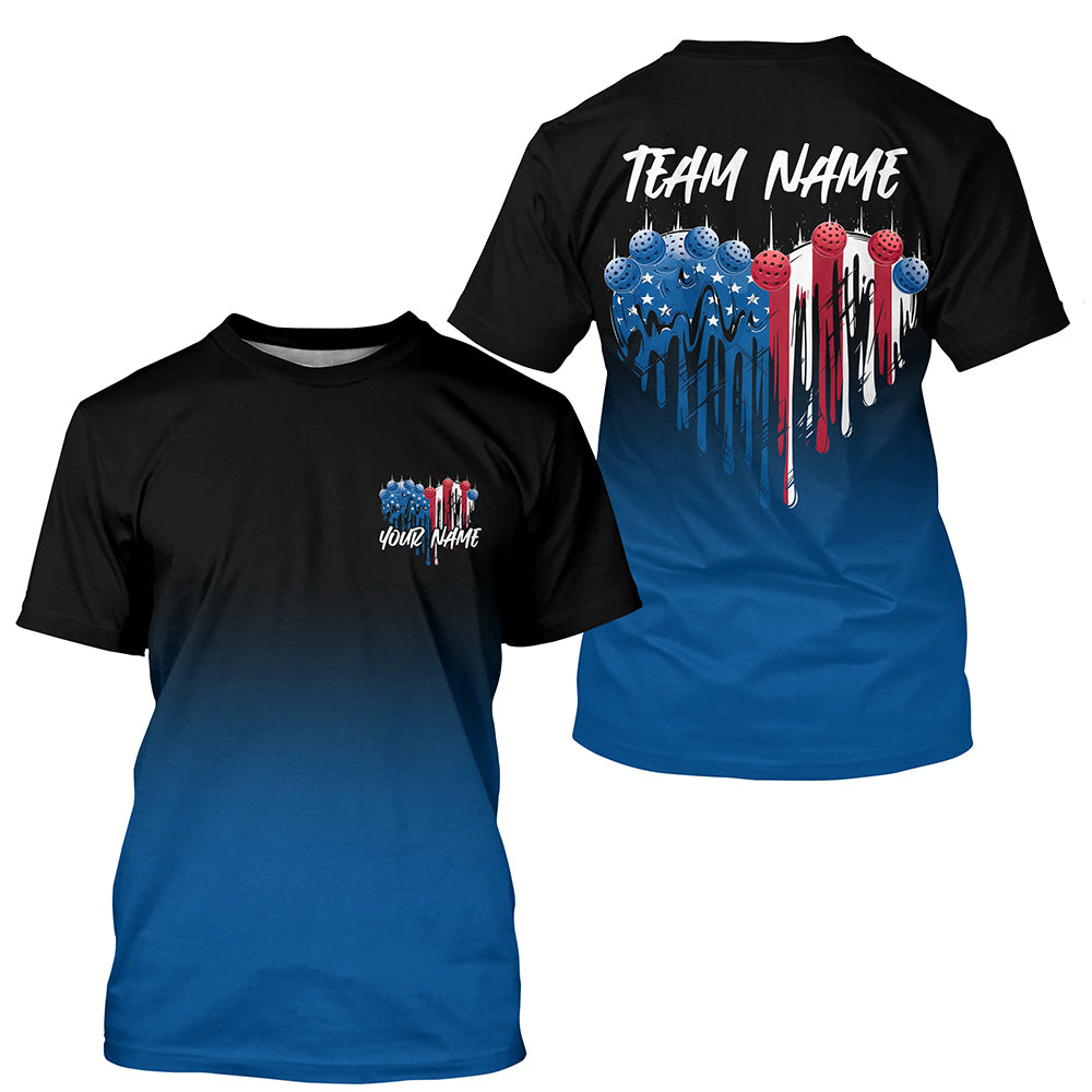 Custom Blue Patriotic Heart Pickleball T-Shirts For Men, US Flag Pickleball Team Shirt IPHW8130