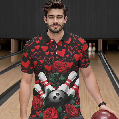 Black And Red Heart Theme Custom Valentines Bowling Polo Shirt For Men, Couple Bowling Shirt IPHW8356
