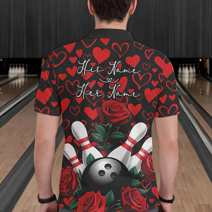 Black And Red Heart Theme Custom Valentines Bowling Polo Shirt For Men, Couple Bowling Shirt IPHW8356