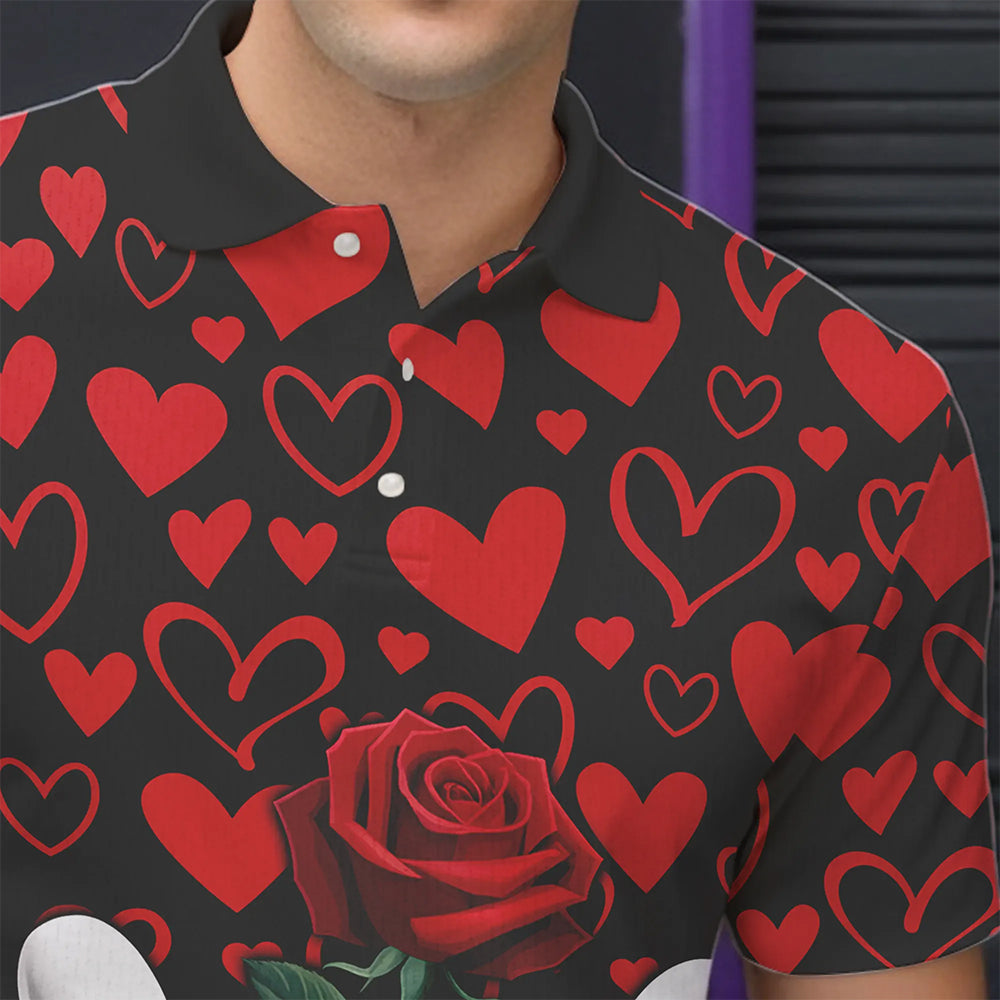 Black And Red Heart Theme Custom Valentines Bowling Polo Shirt For Men, Couple Bowling Shirt IPHW8356