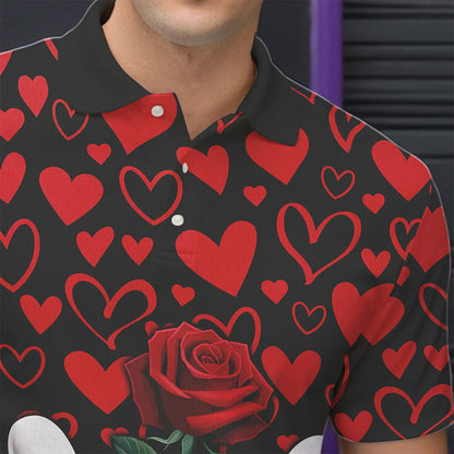 Black And Red Heart Theme Custom Valentines Bowling Polo Shirt For Men, Couple Bowling Shirt IPHW8356