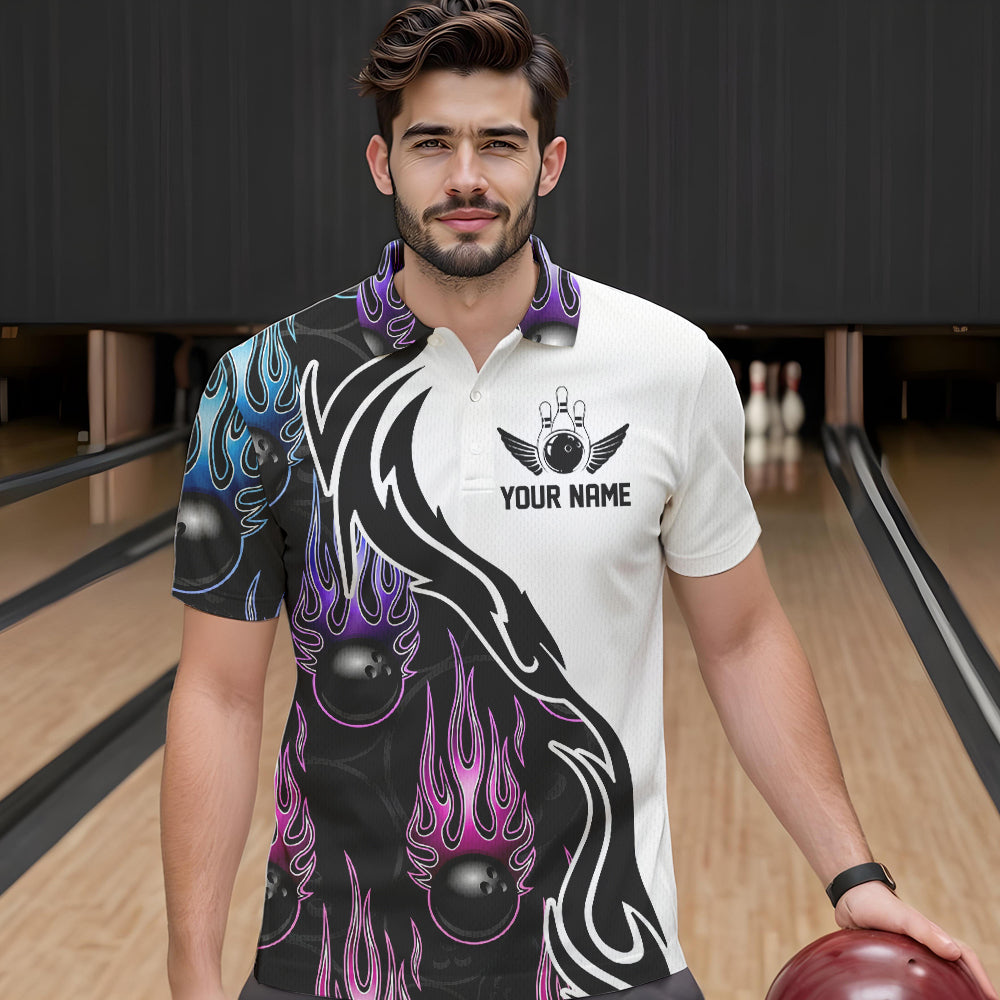 Pink Purple Blue Flame Ball Custom Bowling Team Men Polo Shirts, Fire Bowling League Shirt IPHW8864