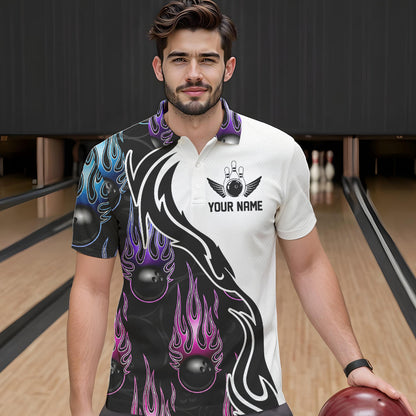 Pink Purple Blue Flame Ball Custom Bowling Team Men Polo Shirts, Fire Bowling League Shirt IPHW8864
