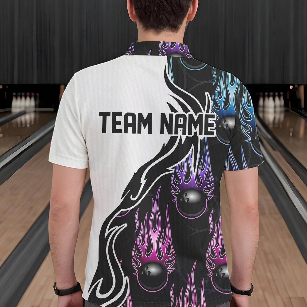 Pink Purple Blue Flame Ball Custom Bowling Team Men Polo Shirts, Fire Bowling League Shirt IPHW8864