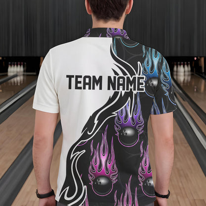 Pink Purple Blue Flame Ball Custom Bowling Team Men Polo Shirts, Fire Bowling League Shirt IPHW8864
