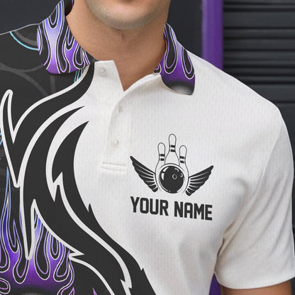 Pink Purple Blue Flame Ball Custom Bowling Team Men Polo Shirts, Fire Bowling League Shirt IPHW8864