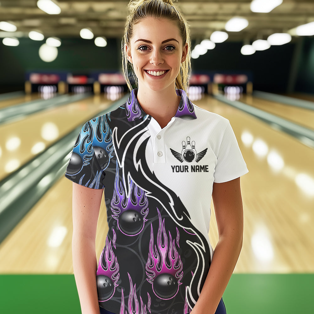Pink Purple Blue Flame Ball Custom Bowling Team Women Polo Shirt, Fire Bowling League Shirt IPHW8864