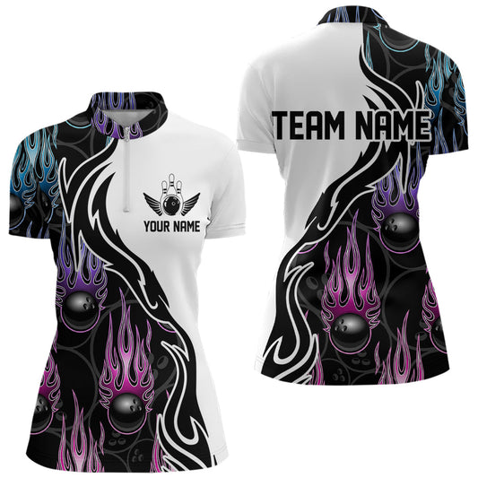 Pink Purple Blue Flame Ball Custom Bowling Women Quarter-Zip Shirts, Bowling League Shirt IPHW8864
