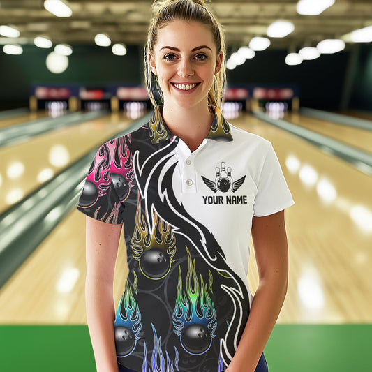 Colorful Rainbow Flame Ball Custom Bowling Team Women Polo Shirt, Fire Bowling League Shirt IPHW8865