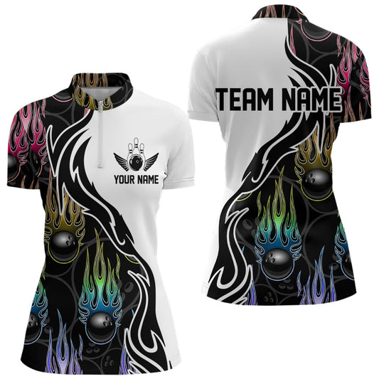 Colorful Rainbow Flame Ball Custom Bowling Women Quarter-Zip Shirts, Bowling League Shirt IPHW8865