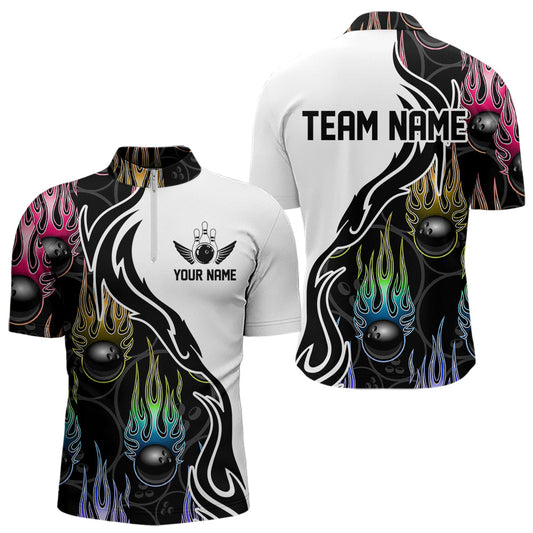 Colorful Rainbow Flame Ball Custom Bowling Team Men Quarter-Zip Shirts, Fire Bowling League Shirt IPHW8865