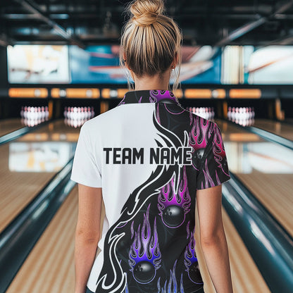Blue Purple Pink Flame Ball Custom Bowling Team Women Polo Shirt, Fire Bowling League Shirt IPHW8866