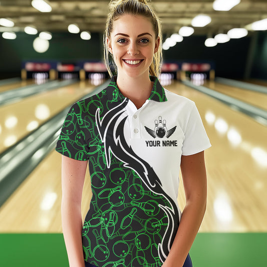 Black And Green Bowling Pattern Custom Bowling Team Women Polo Shirts, Bowling League Shirt IPHW8867
