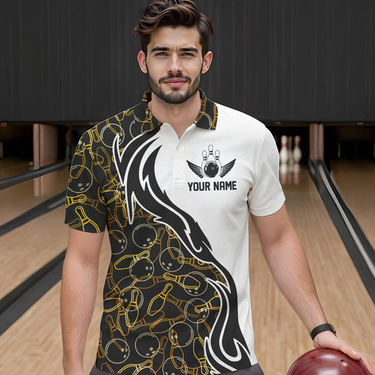 Black And Yellow Bowling Pattern Custom Bowling Team Men Polo Shirts, Bowling League Shirt IPHW8868