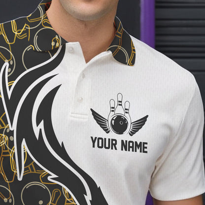 Black And Yellow Bowling Pattern Custom Bowling Team Men Polo Shirts, Bowling League Shirt IPHW8868
