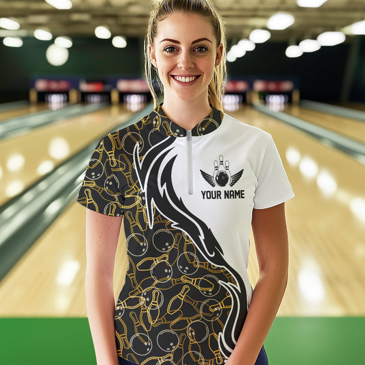 Black And Yellow Pattern Custom Bowling Team Women Quarter-Zip Shirts, Bowling League Shirt IPHW8868