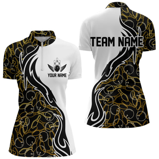 Black And Yellow Pattern Custom Bowling Team Women Quarter-Zip Shirts, Bowling League Shirt IPHW8868