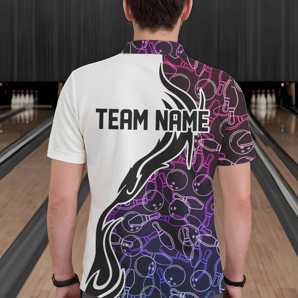 Blue Purple Pink Bowling Pattern Custom Bowling Team Men Polo Shirts, Bowling League Shirt IPHW8869