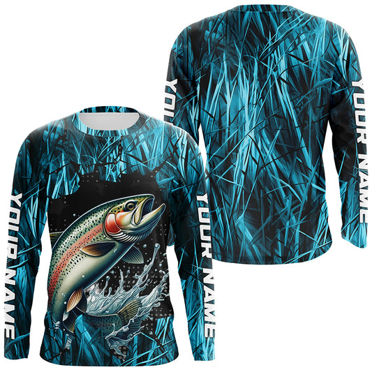 Rainbow Trout Fishing Custom Long Sleeve Tournament Shirts, Trout Fly Fishing Jerseys | Blue Camo IPHW6360