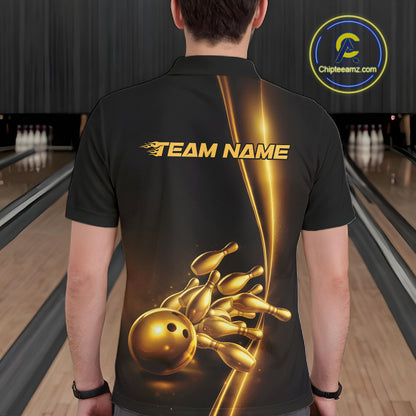 Bowling lane back view male model wearing bowling polo shirt, black base with golden bowling ball and pins graphic, promotional sports atmosphere