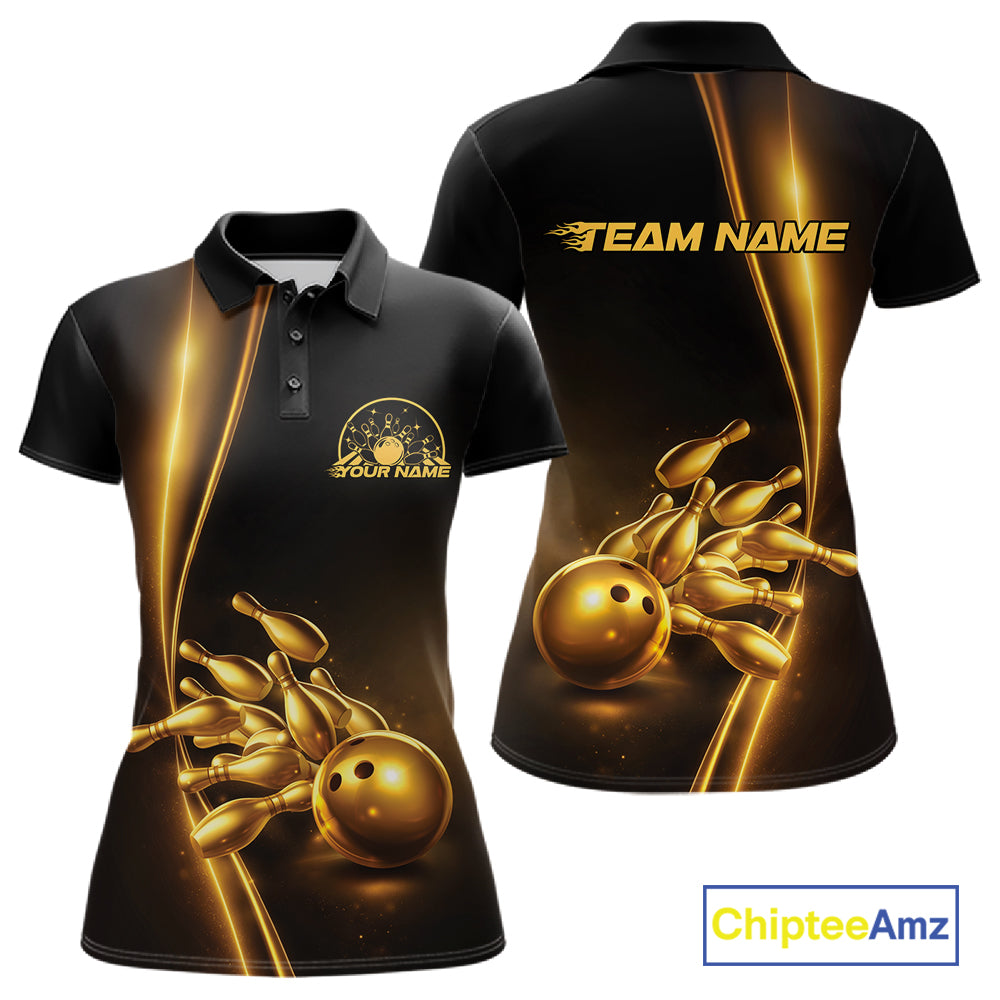 Front and back view of a womens black polo shirt mockup featuring a golden bowling ball and pins design with elegant sporty styling.