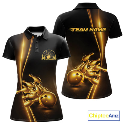 Front and back view of a womens black polo shirt mockup featuring a golden bowling ball and pins design with elegant sporty styling.