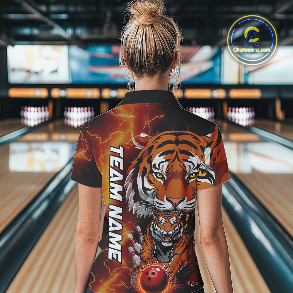 Custom Thunder Lightning Tiger Bowling Polo Shirts For Women, Bowling Team Outfit IPHW9093